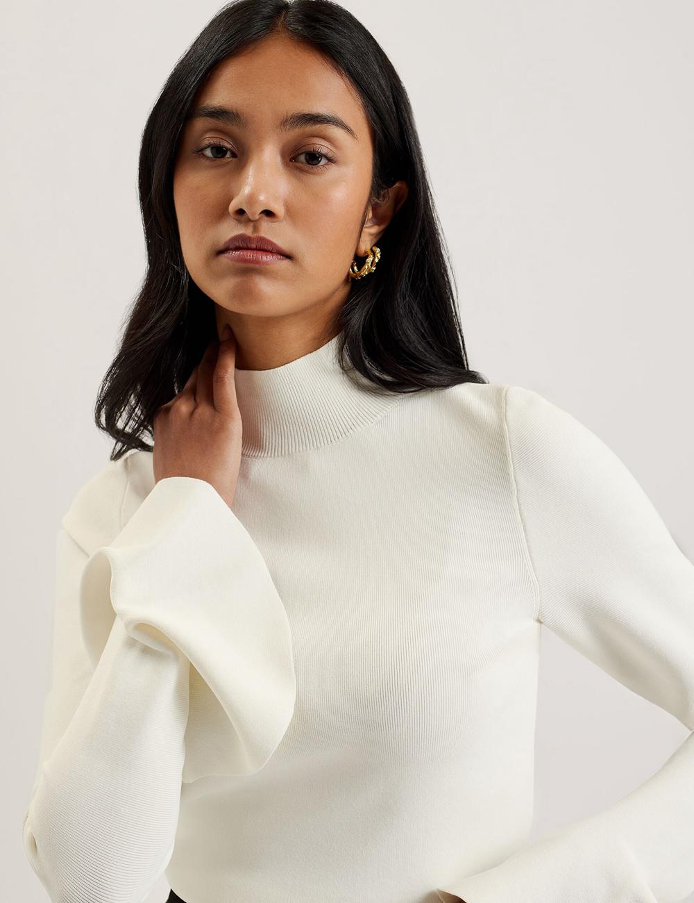 Women Ted Baker LAYNHA - Flared Sleeve High Neck Knitted Top Jumpers Ivory | India  EPNT-30527