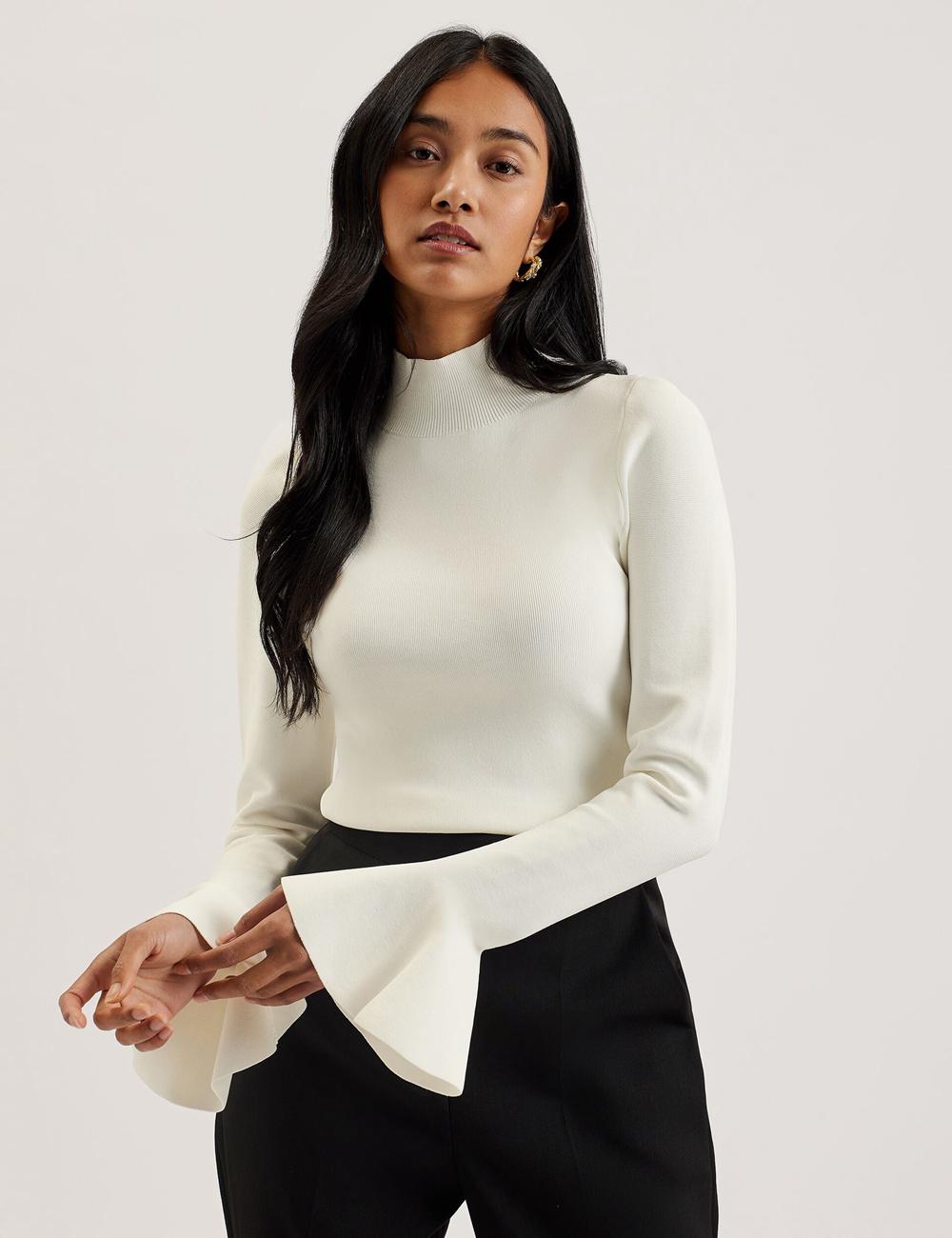 Women Ted Baker LAYNHA - Flared Sleeve High Neck Knitted Top Jumpers Ivory | India  EPNT-30527