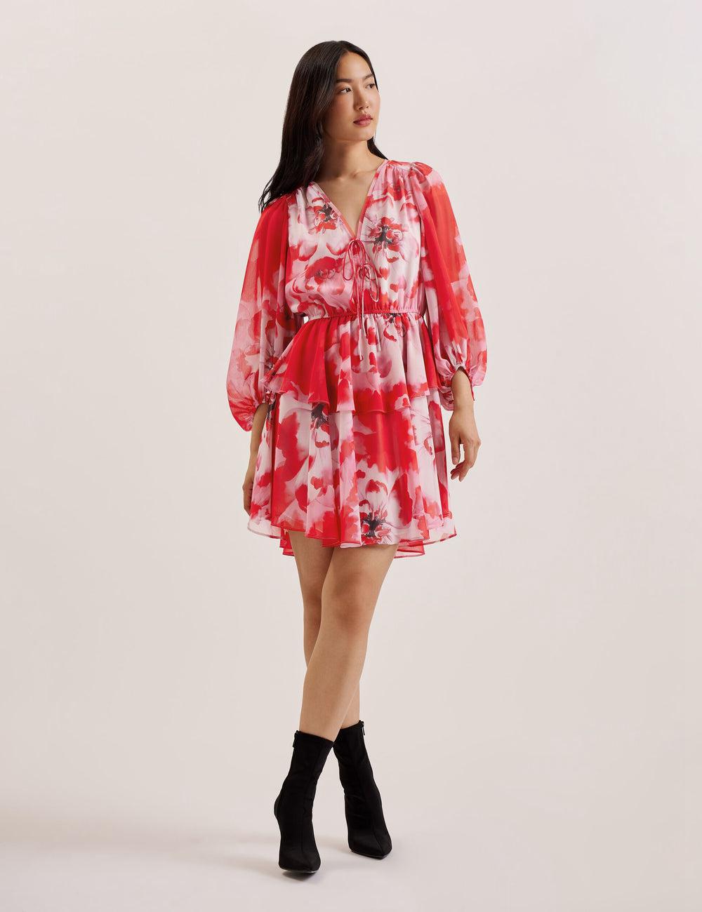 Women Ted Baker LEYNA - Floral Chiffon Front Mini Dresses Red | India  TGSD-82796