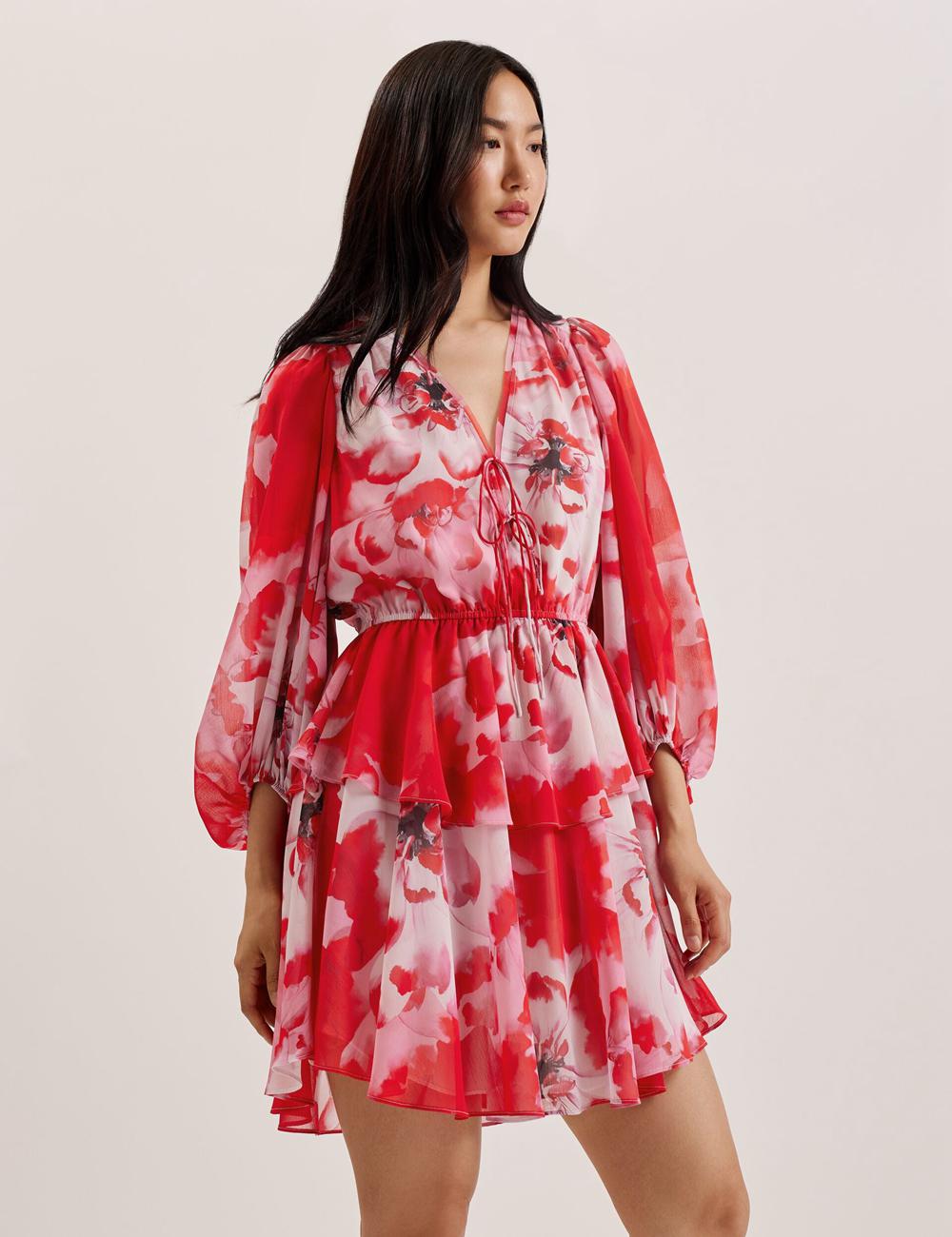 Women Ted Baker LEYNA - Floral Chiffon Front Mini Dresses Red | India  TGSD-82796