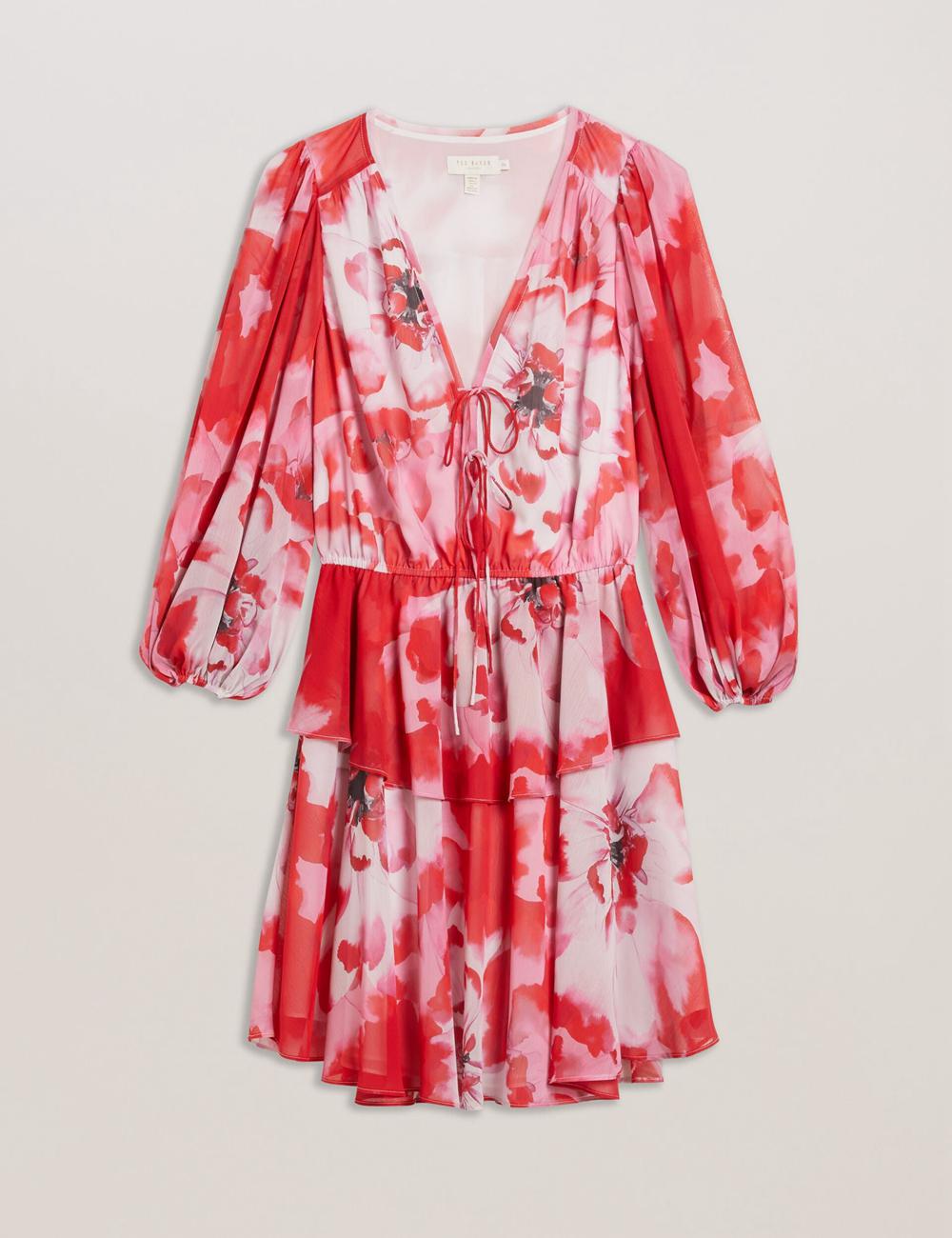 Women Ted Baker LEYNA - Floral Chiffon Front Mini Dresses Red | India  TGSD-82796