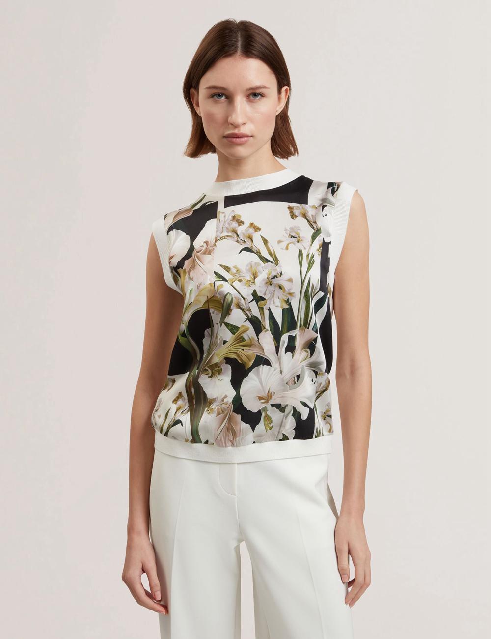 Women Ted Baker LIILEA - Floral Print Front Boxy Knitted Tops Ivory | India  XRNP-06583
