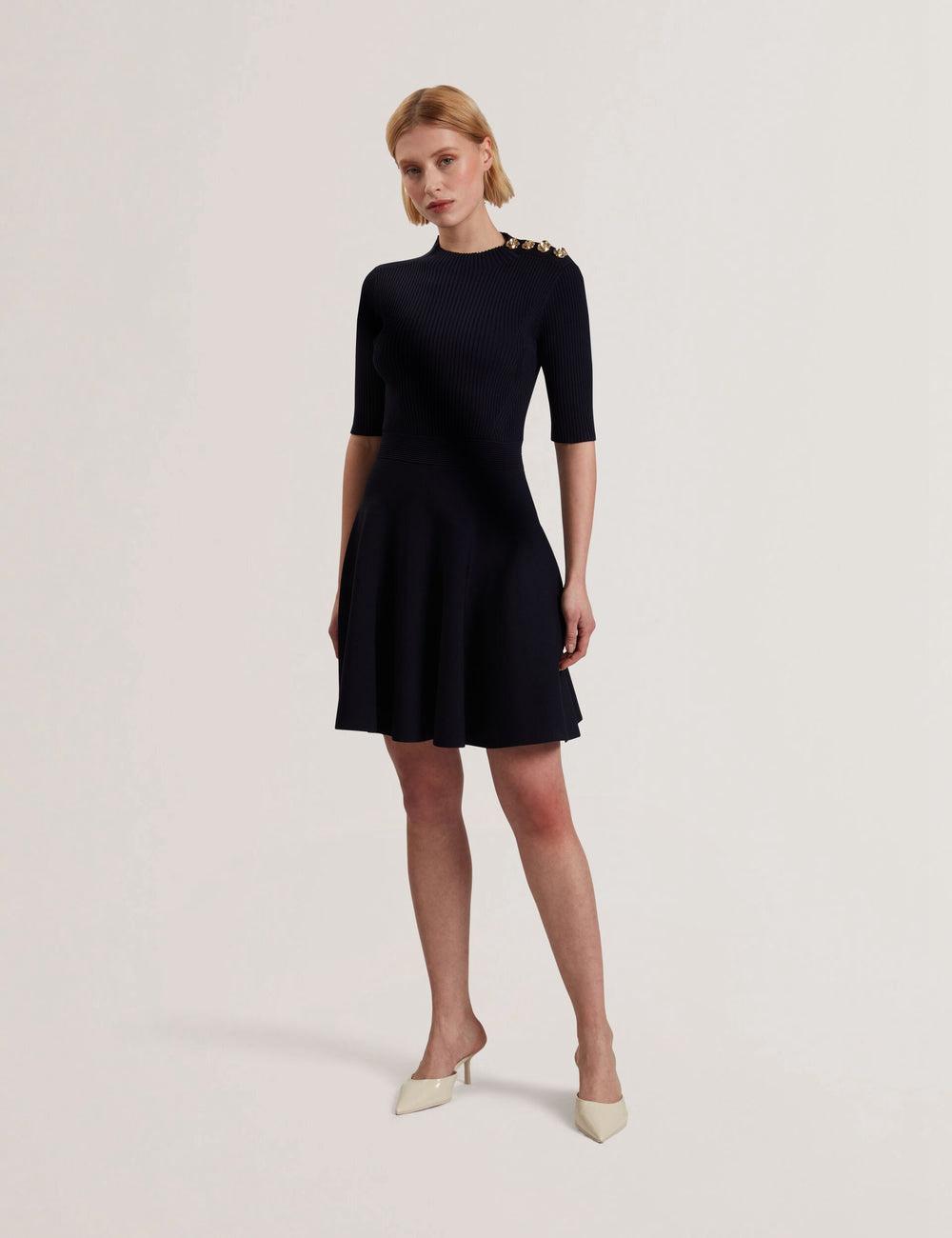 Women Ted Baker LILANO - Ribbed Knit Skater With Rose Buttons Mini Dresses Navy | India  NTGV-54326