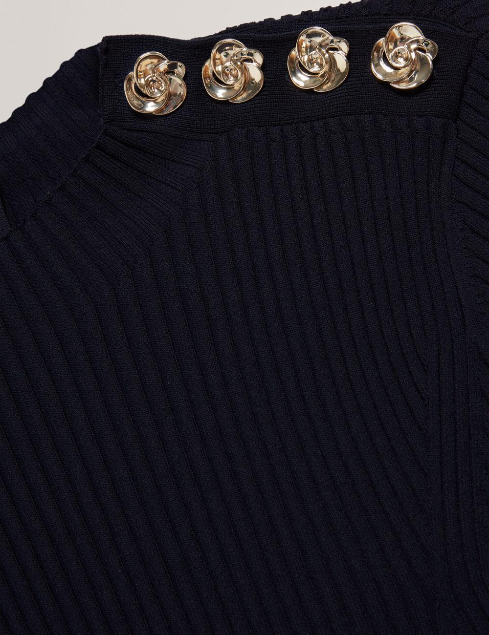 Women Ted Baker LILANO - Ribbed Knit Skater With Rose Buttons Mini Dresses Navy | India  NTGV-54326