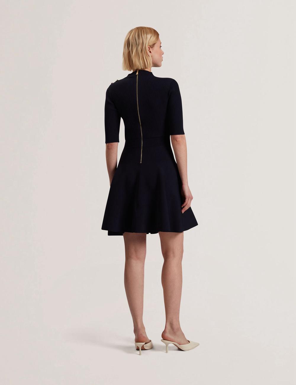 Women Ted Baker LILANO - Ribbed Knit Skater With Rose Buttons Mini Dresses Navy | India  NTGV-54326