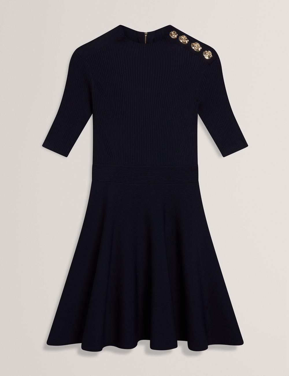 Women Ted Baker LILANO - Ribbed Knit Skater With Rose Buttons Mini Dresses Navy | India  NTGV-54326