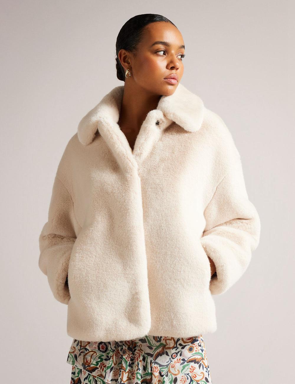 Women Ted Baker LILIAM - Faux Fur Collared Short Coat Jackets Ivory | India  SLTO-72341