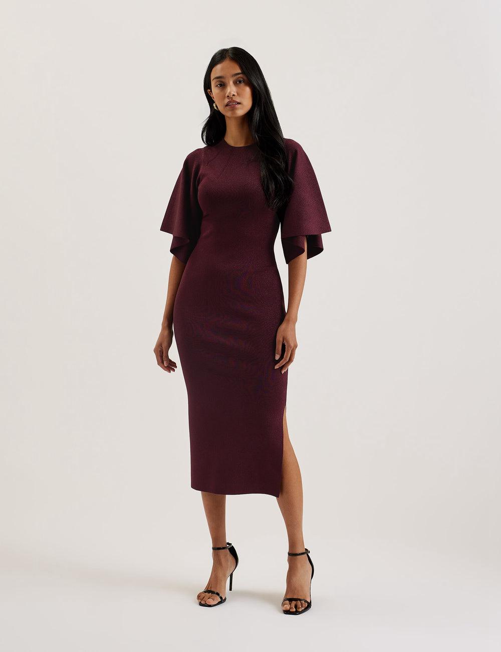 Women Ted Baker LOUANAA - Metallic Knit Fluted Sleeve Midi Dresses Red | India  AWDE-63724