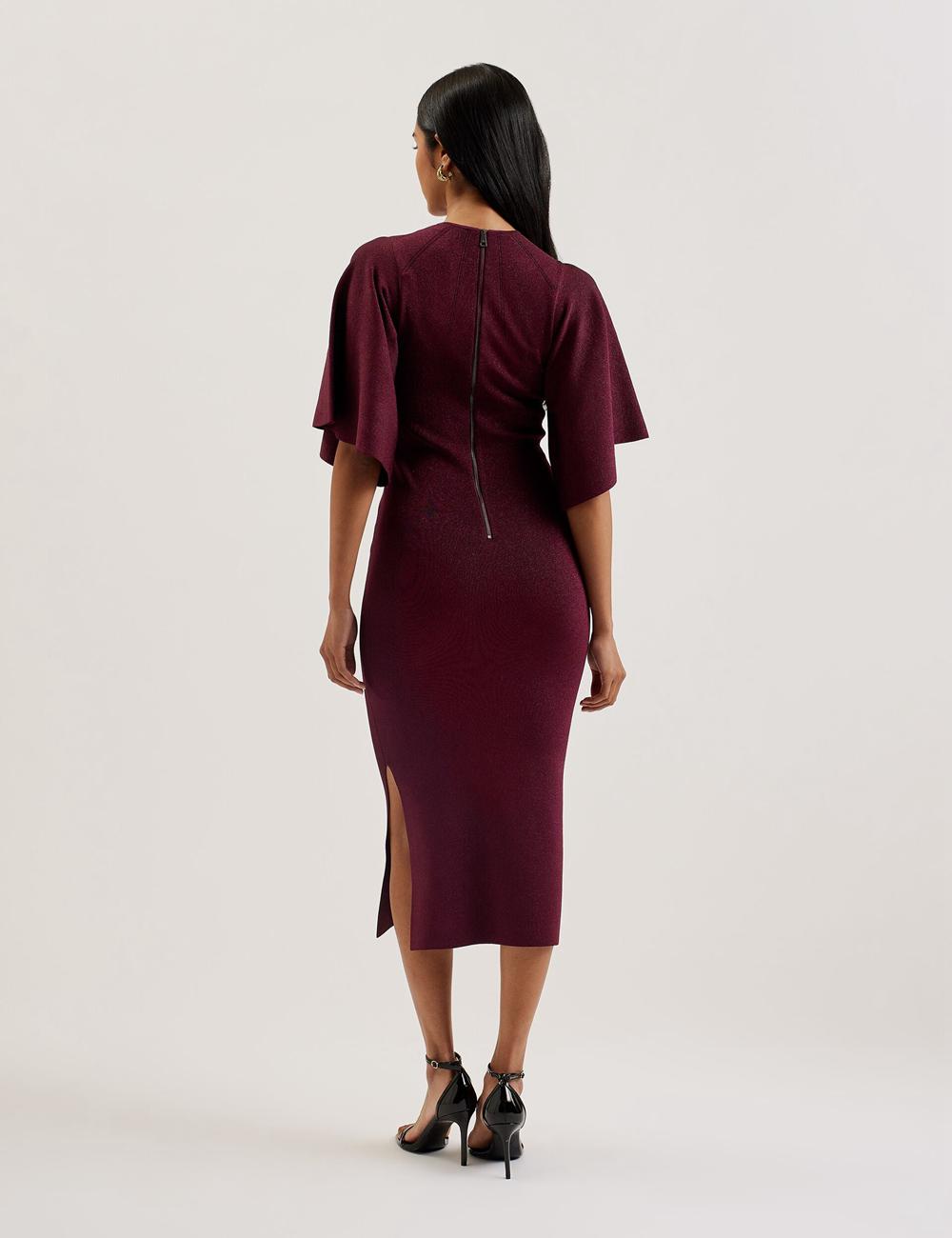 Women Ted Baker LOUANAA - Metallic Knit Fluted Sleeve Midi Dresses Red | India  AWDE-63724