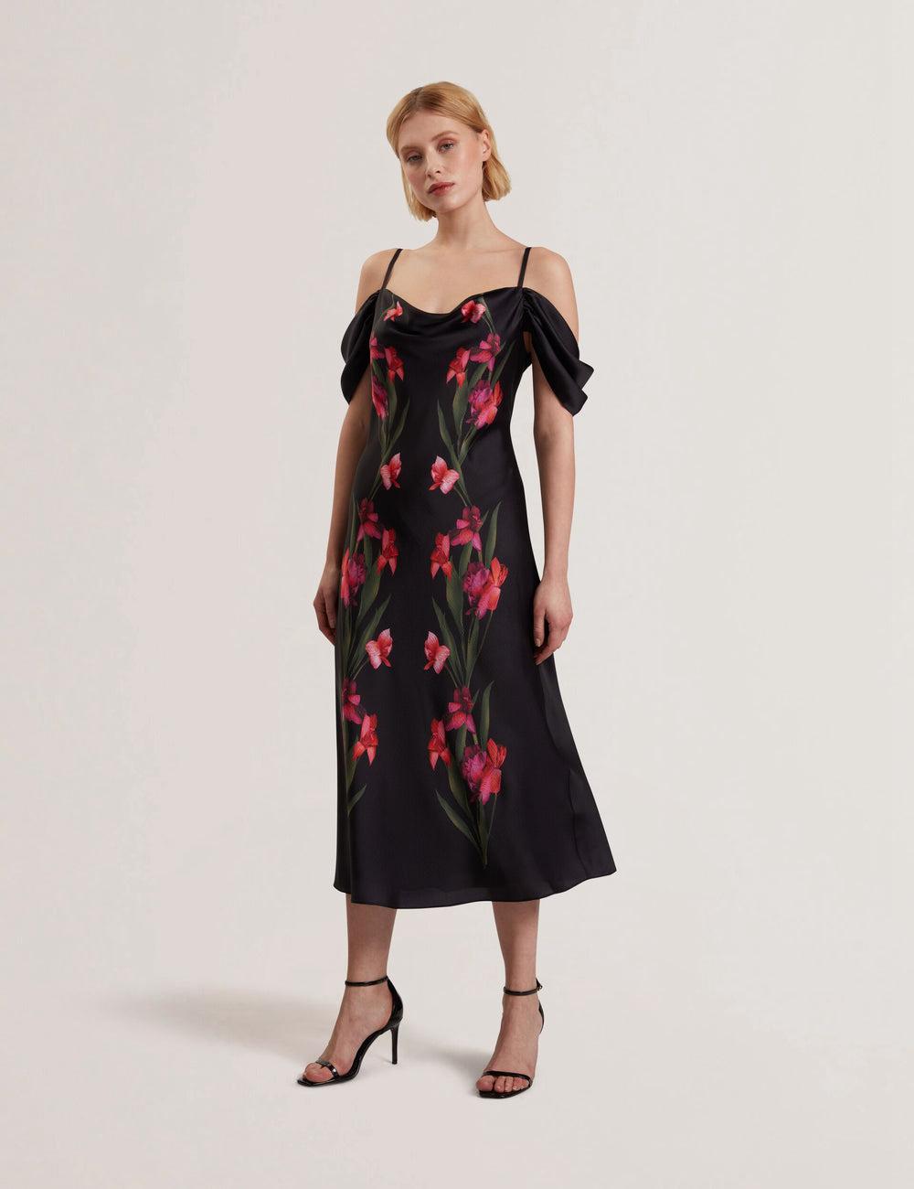 Women Ted Baker LUCERN - Floral Satin Off Shoulder Bias Midi Dresses Black | India  TPDB-59870