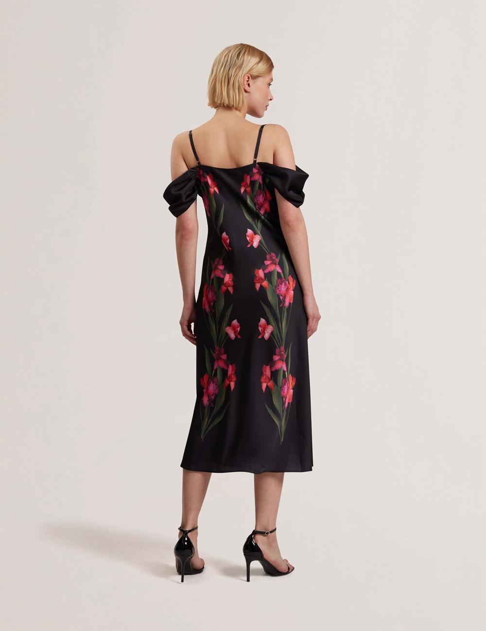 Women Ted Baker LUCERN - Floral Satin Off Shoulder Bias Midi Dresses Black | India  TPDB-59870