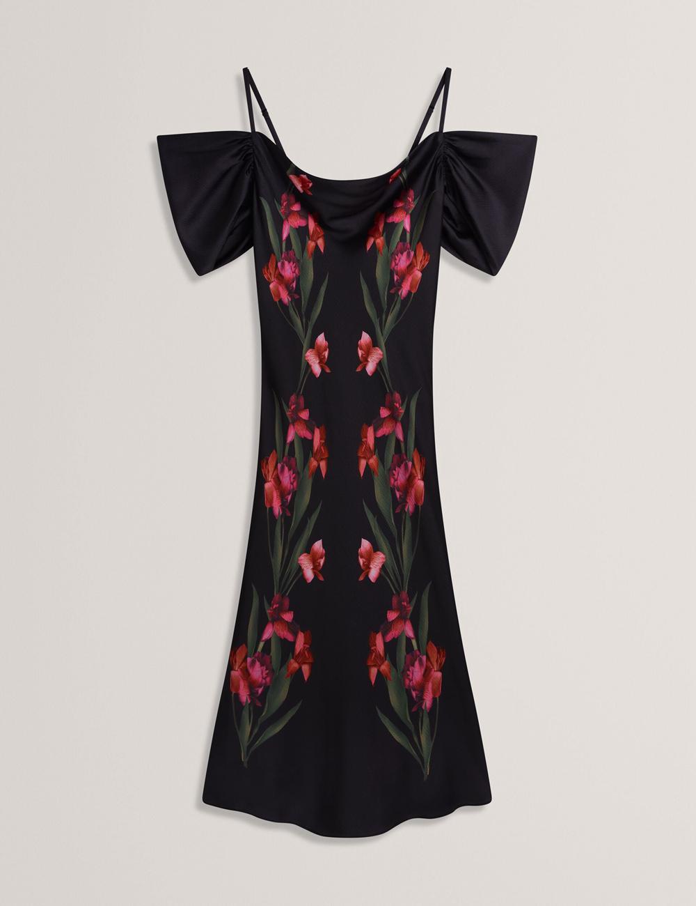 Women Ted Baker LUCERN - Floral Satin Off Shoulder Bias Midi Dresses Black | India  TPDB-59870