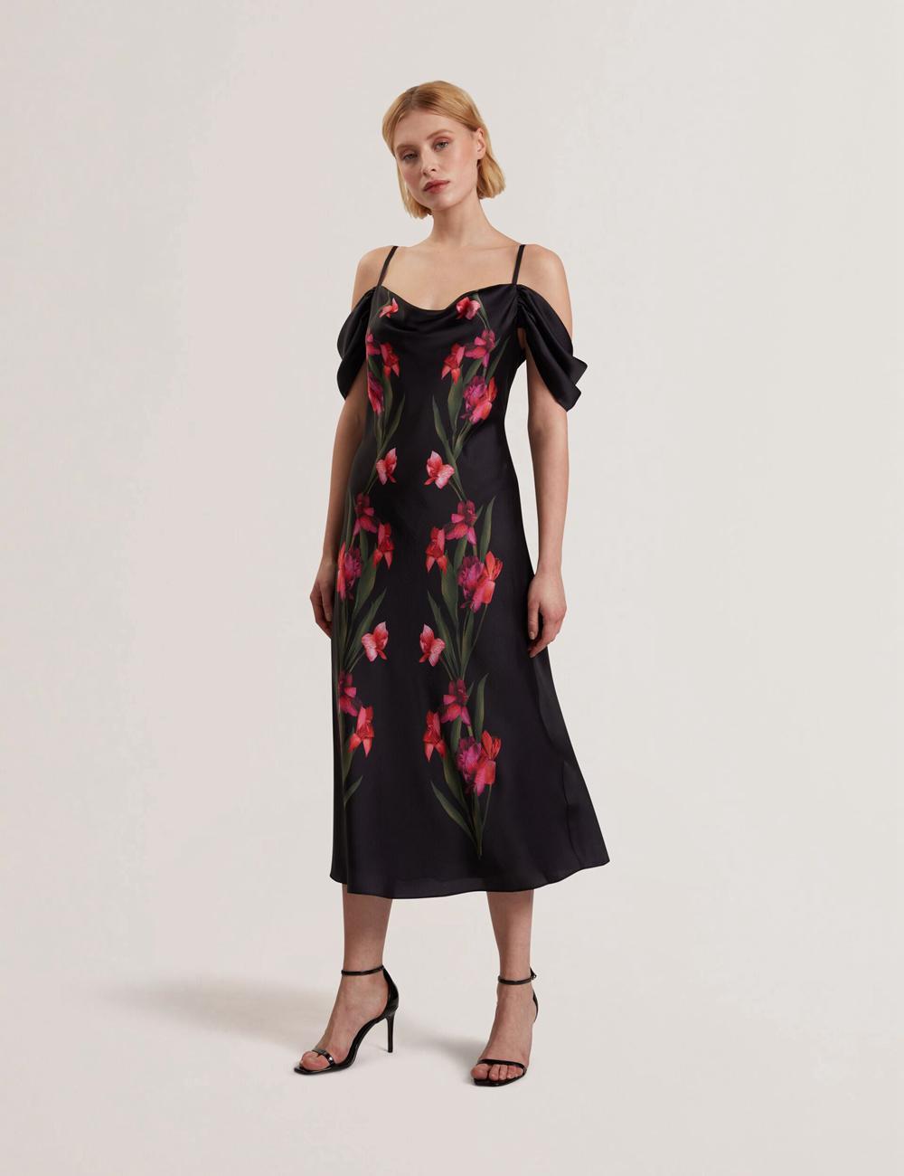 Women Ted Baker LUCERN - Floral Satin Off Shoulder Bias Midi Dresses Black | India  TPDB-59870