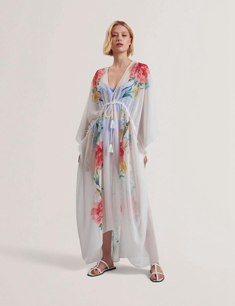 Women Ted Baker LUUSAA - Floral V-Neck Maxi Kaftan Beach Dress Cover Ups White | India  WIVC-25438