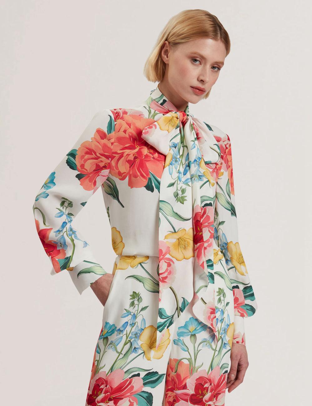 Women Ted Baker LUUSILE - Floral Print Neck Long Sleeve Blouses White | India  PCDS-58296