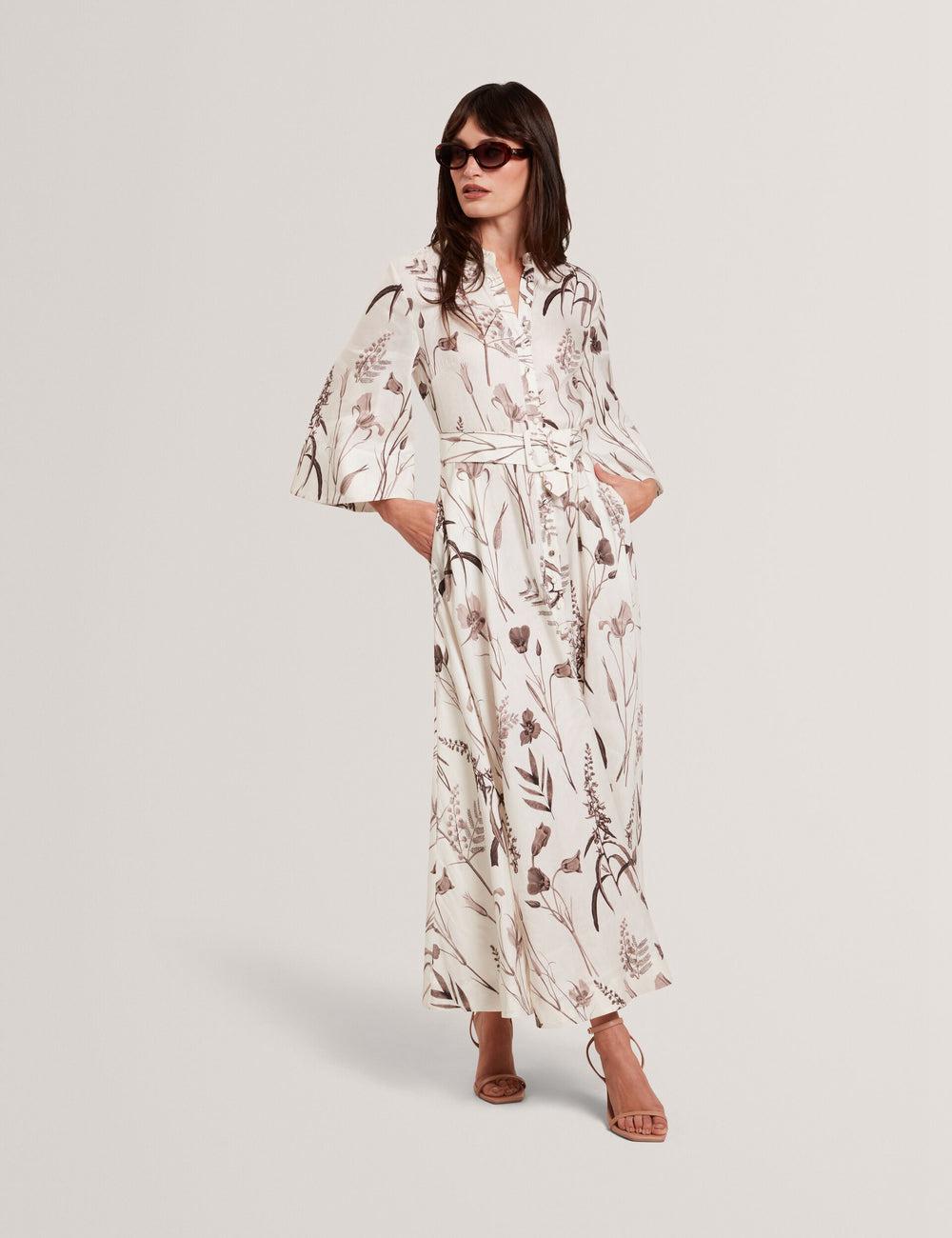 Women Ted Baker LUWISA - Floral Linen Silk Belted Midi Shirt Midi Dresses Ivory | India  LYRB-03918