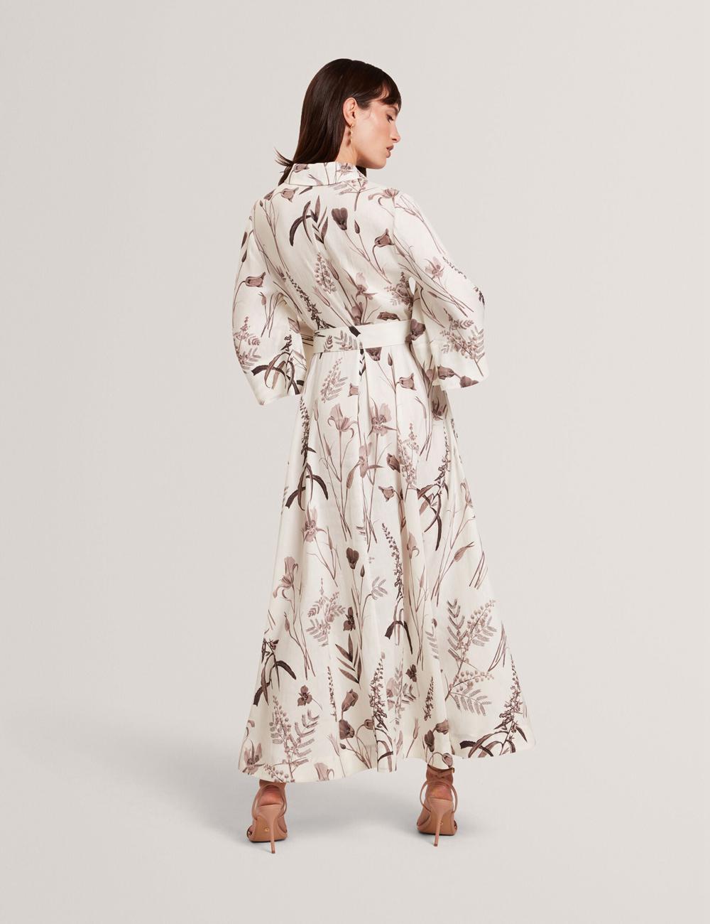 Women Ted Baker LUWISA - Floral Linen Silk Belted Midi Shirt Midi Dresses Ivory | India  LYRB-03918