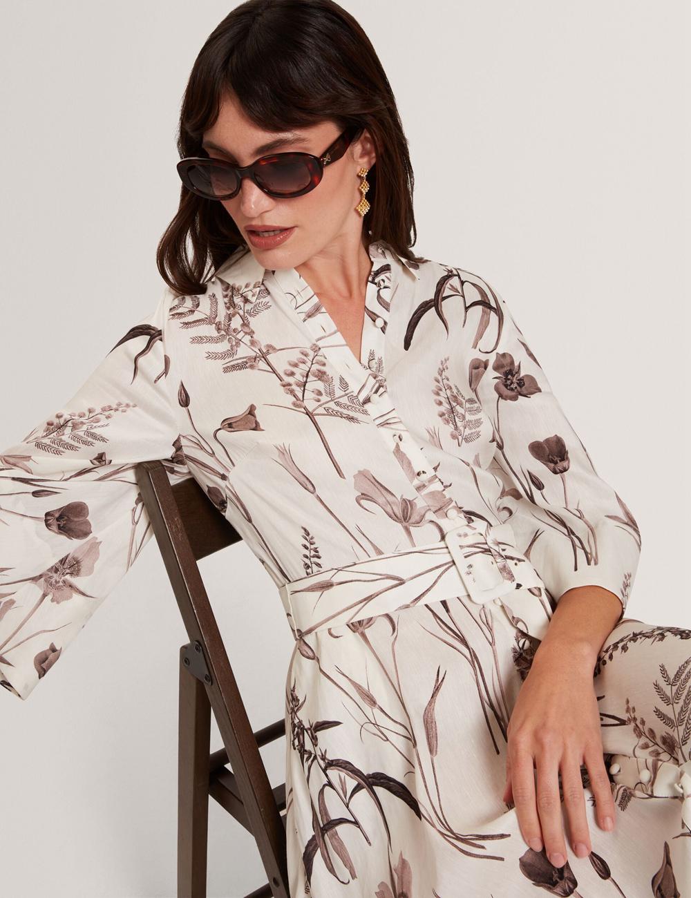 Women Ted Baker LUWISA - Floral Linen Silk Belted Midi Shirt Midi Dresses Ivory | India  LYRB-03918
