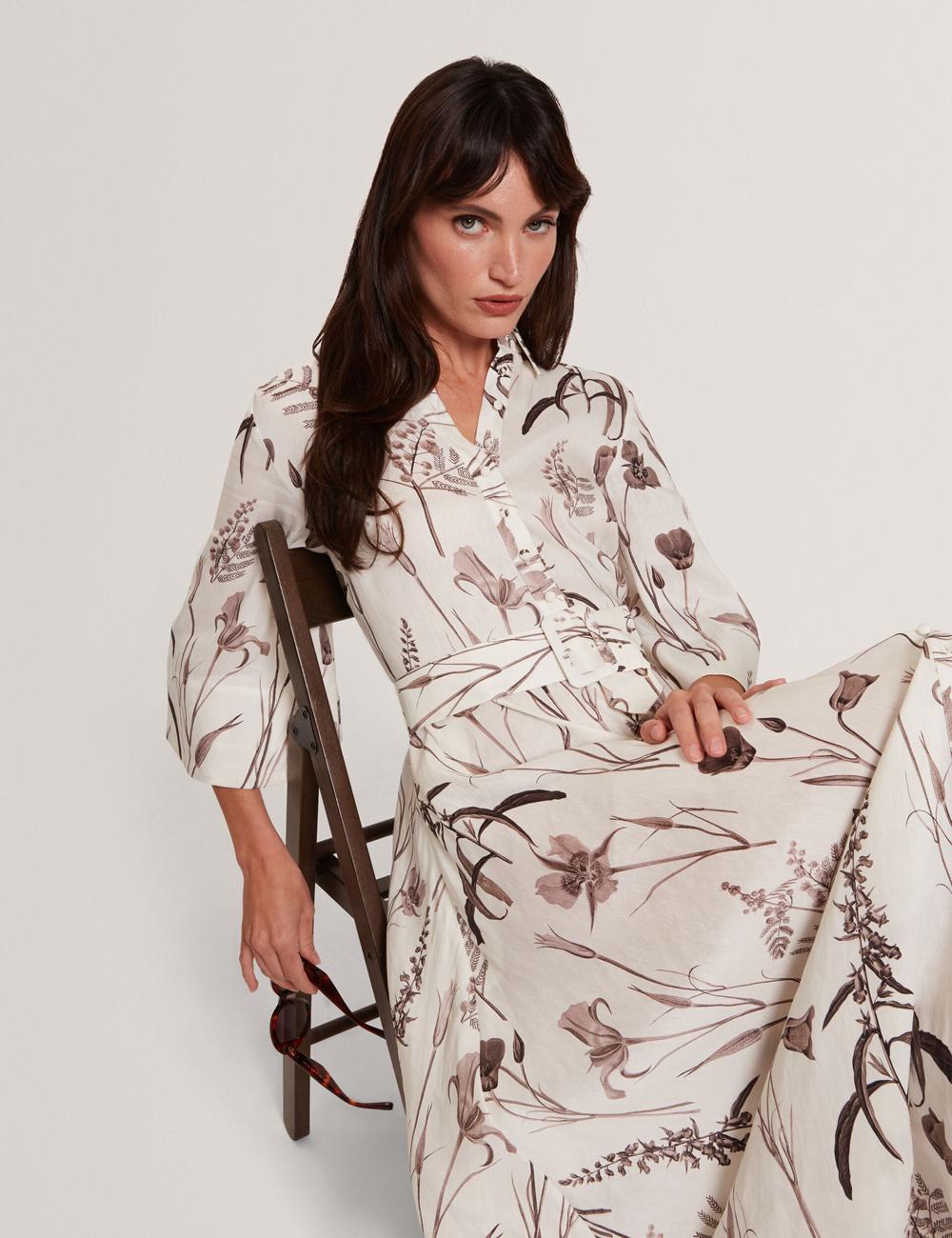Women Ted Baker LUWISA - Floral Linen Silk Belted Midi Shirt Midi Dresses Ivory | India  LYRB-03918