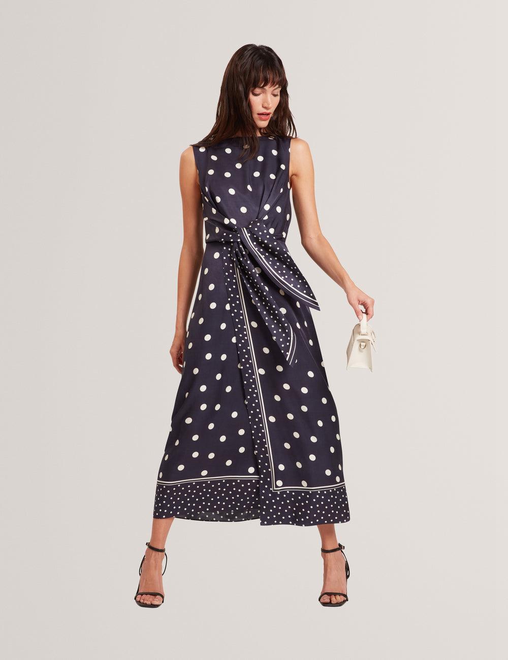 Women Ted Baker MALMOA - Polka Dot Detail Column Midi Dresses Navy | India  LYUQ-70589