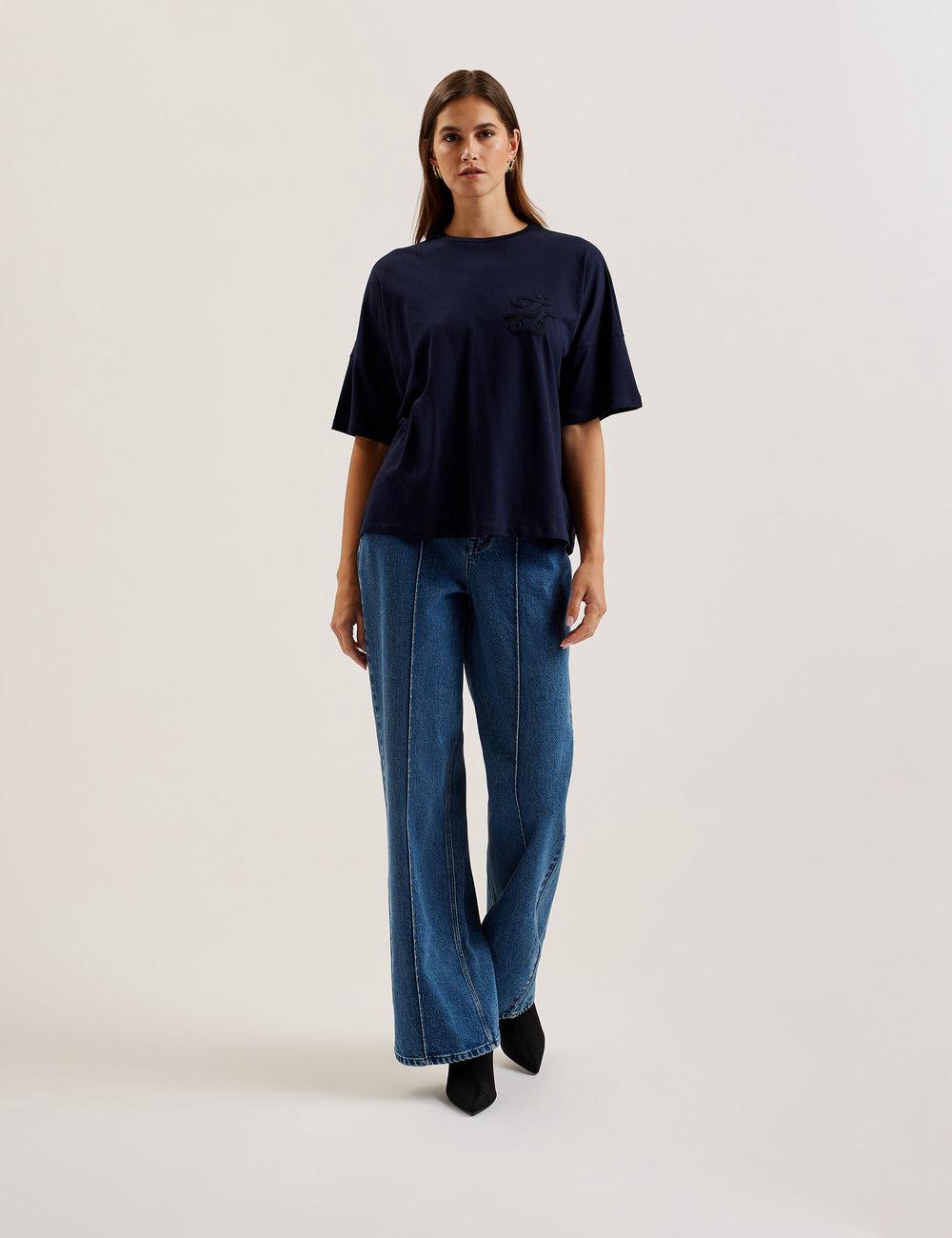 Women Ted Baker MALORRY - Embroidered Logo Boxy Cotton T-Shirts Navy | India  PLBC-87139