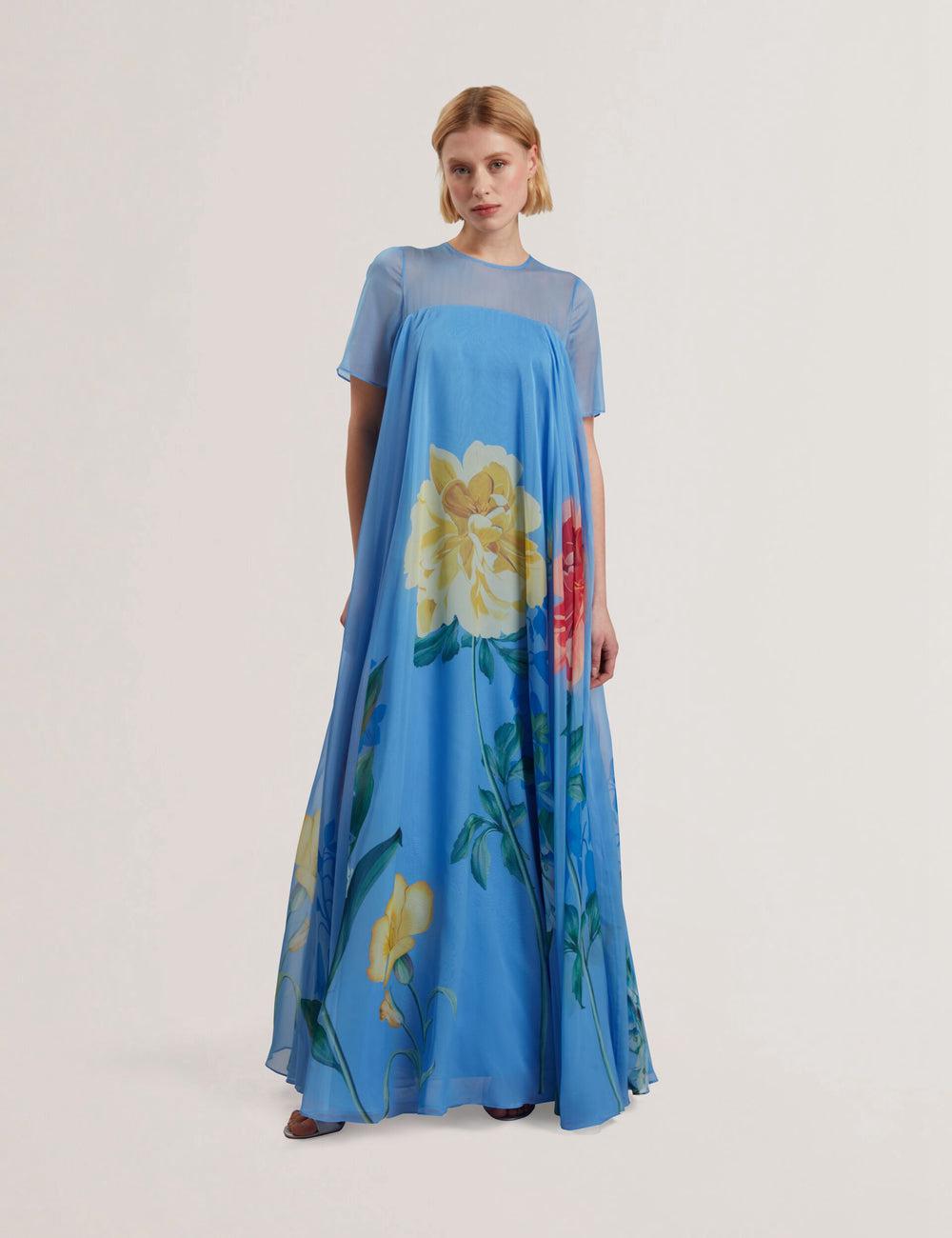 Women Ted Baker MALRIE - Sheer Neck Floral Trapeze Maxi Dresses Mid-Blue | India  TESK-83152