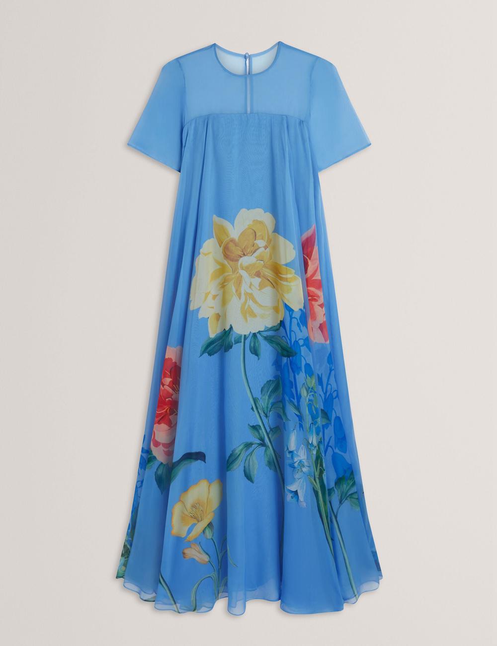 Women Ted Baker MALRIE - Sheer Neck Floral Trapeze Maxi Dresses Mid-Blue | India  TESK-83152