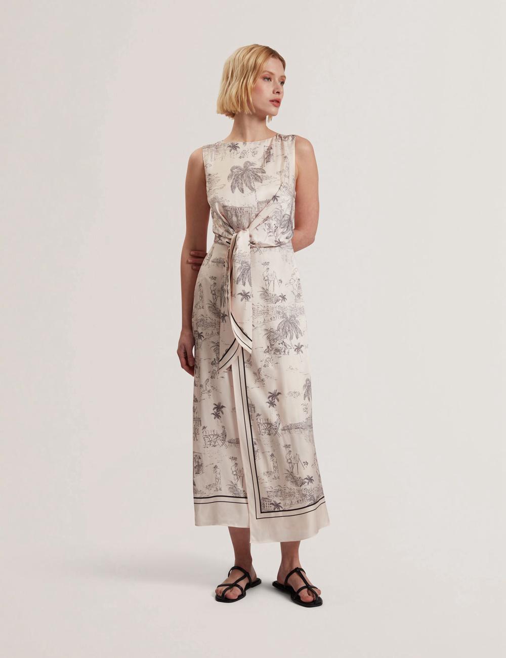 Women Ted Baker MARRONA - Printed Wrap Front Sleeveless Midi Dresses Nude-Pink | India  TXCH-05976