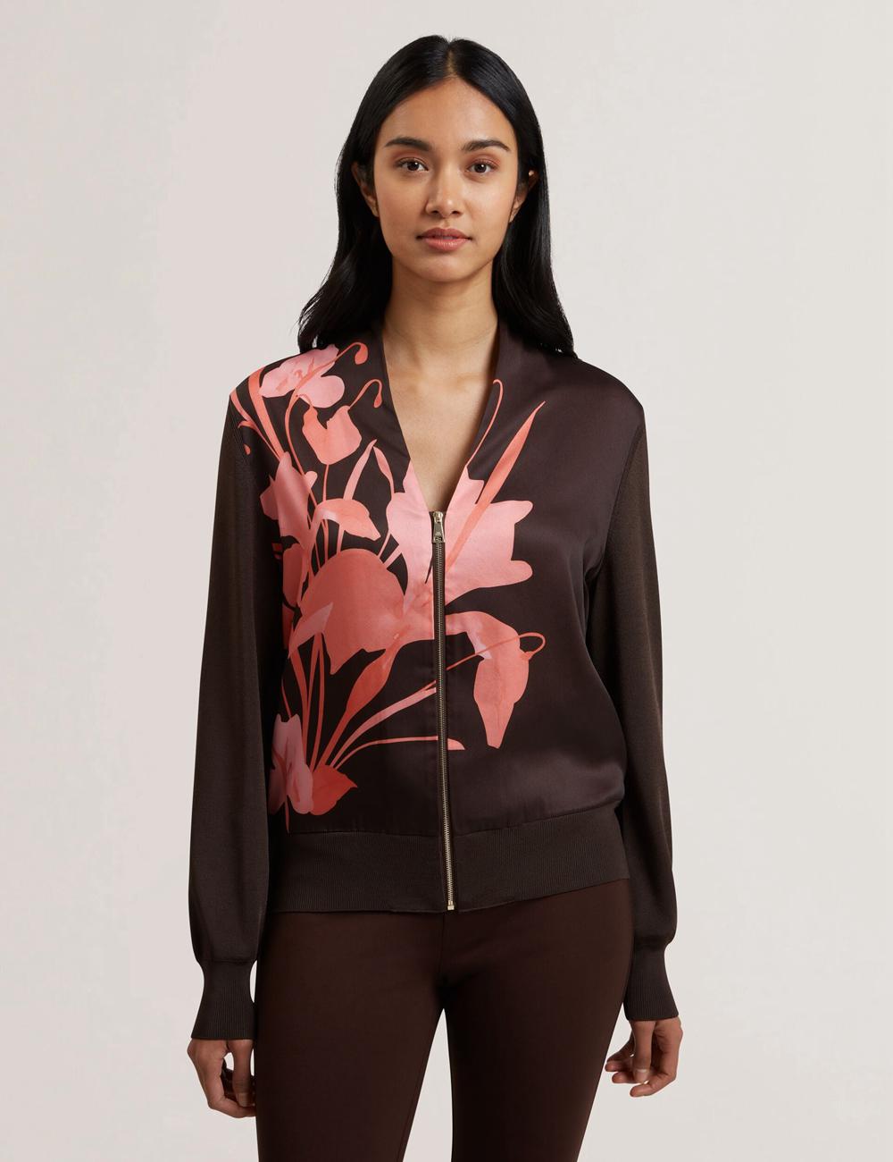 Women Ted Baker MATIINA - Printed Front Zip-Up Bomber Cardigans Dk-Brown | India  VZQC-45627