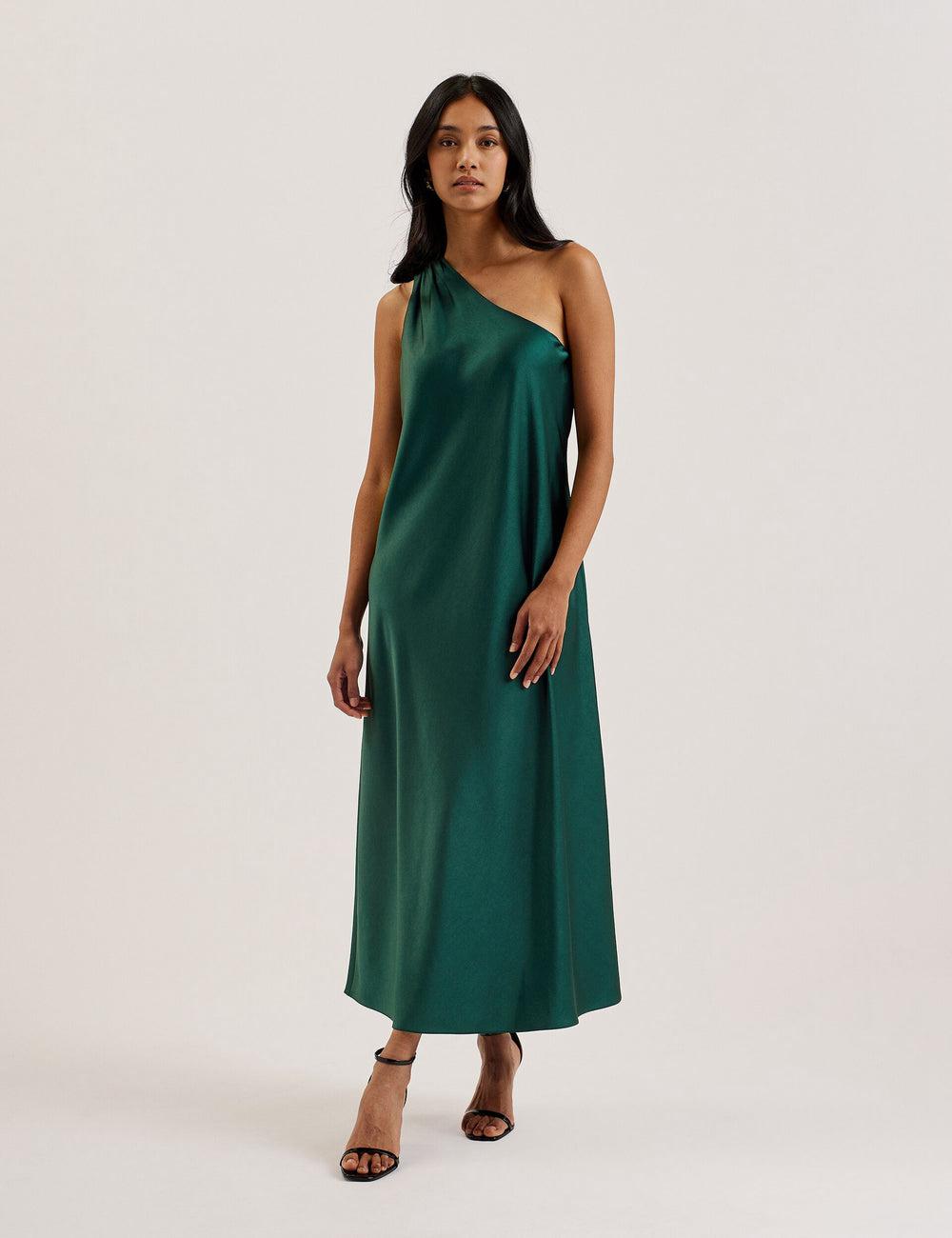 Women Ted Baker MELGAR - Satin One Shoulder Midi Dresses Dk-Green | India  XCTJ-36427