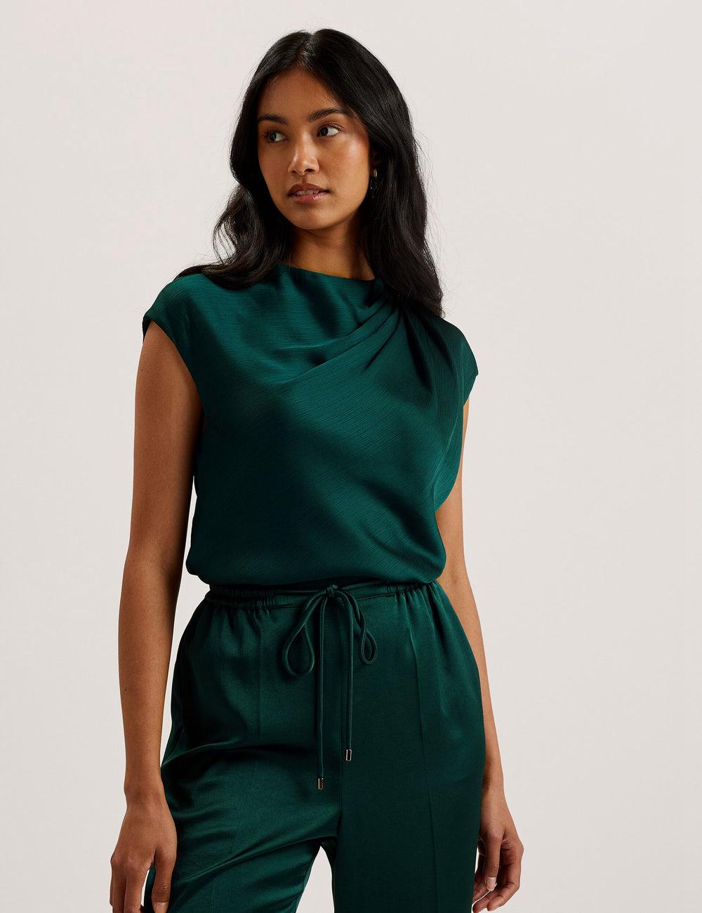 Women Ted Baker MISRINA - Drape Neck Detail Satin Top Jumpers Dk-Green | India  DRMU-76028