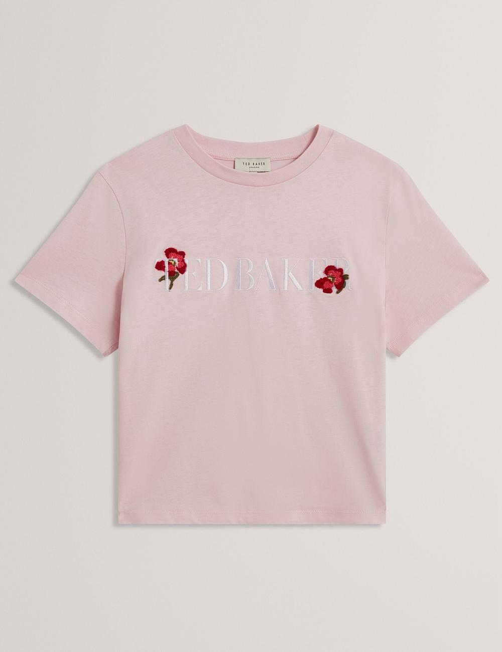 Women Ted Baker MOLII - Embroidered Logo Cropped Cotton T-Shirts Pink | India  JPXC-53018