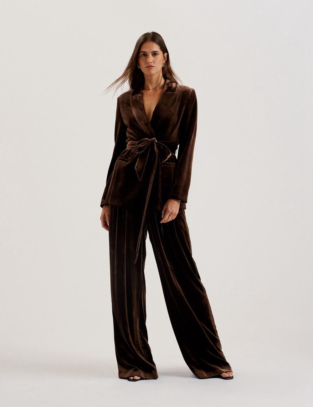 Women Ted Baker MOMIJIT - Velvet Pleated Wide Leg Trousers Brown | India  NFWK-71082