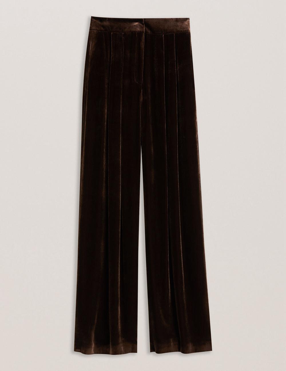 Women Ted Baker MOMIJIT - Velvet Pleated Wide Leg Trousers Brown | India  NFWK-71082