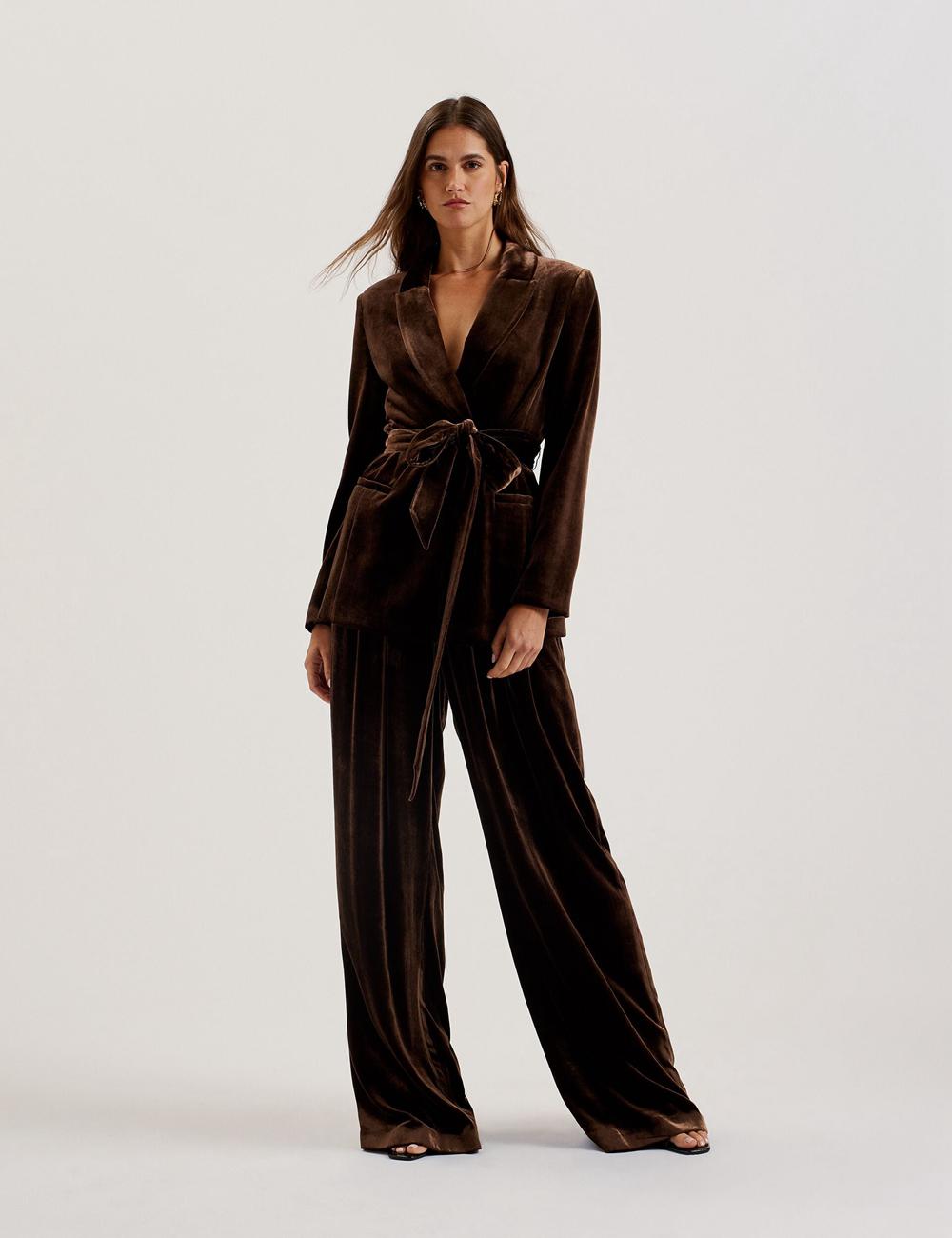 Women Ted Baker MOMIJIT - Velvet Pleated Wide Leg Trousers Brown | India  NFWK-71082