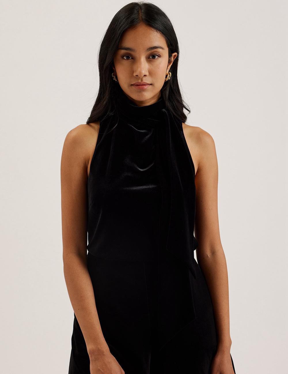 Women Ted Baker NALIAS - Velvet High Cowl Neck Sleeveless Tank Tops Black | India  FXMT-86953