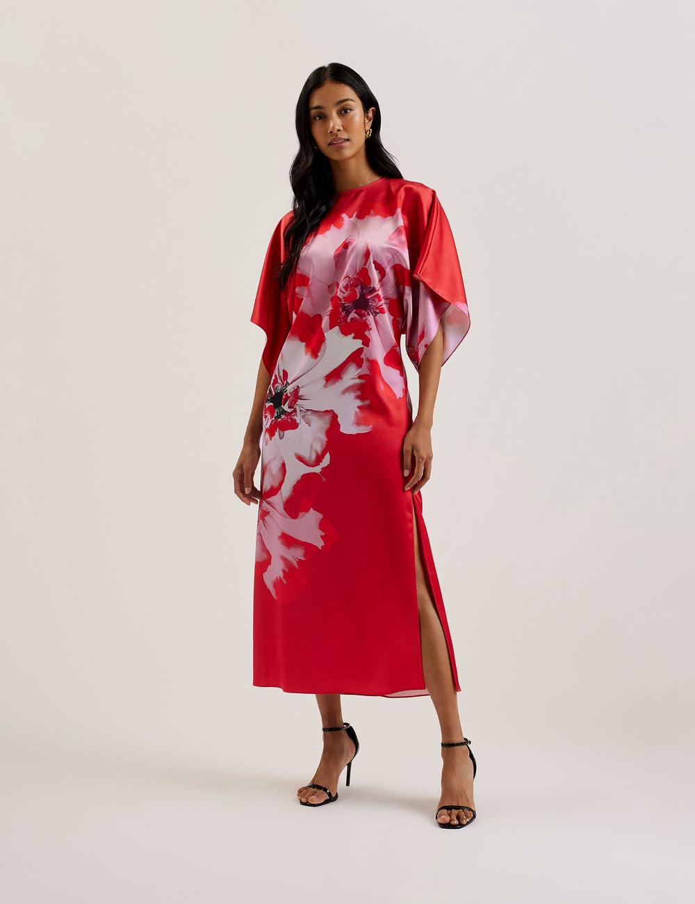 Women Ted Baker NASINU - Printed Satin Batwing Sleeve Midi Dresses Red | India  XWMN-13586
