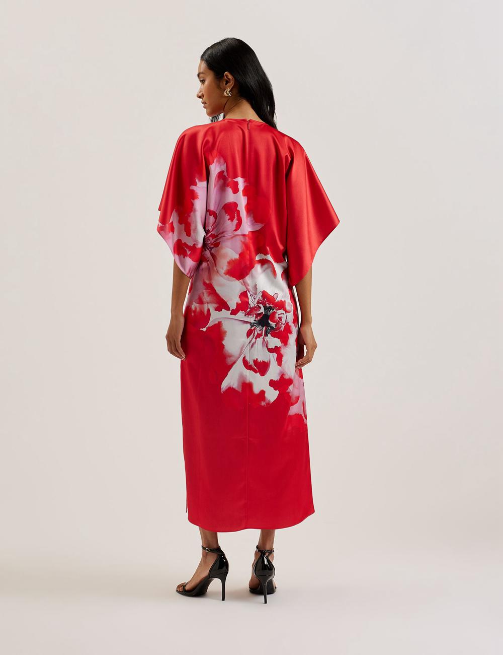 Women Ted Baker NASINU - Printed Satin Batwing Sleeve Midi Dresses Red | India  XWMN-13586