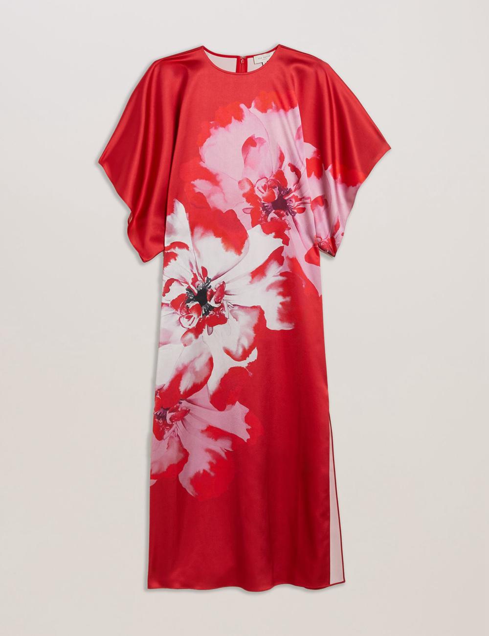 Women Ted Baker NASINU - Printed Satin Batwing Sleeve Midi Dresses Red | India  XWMN-13586