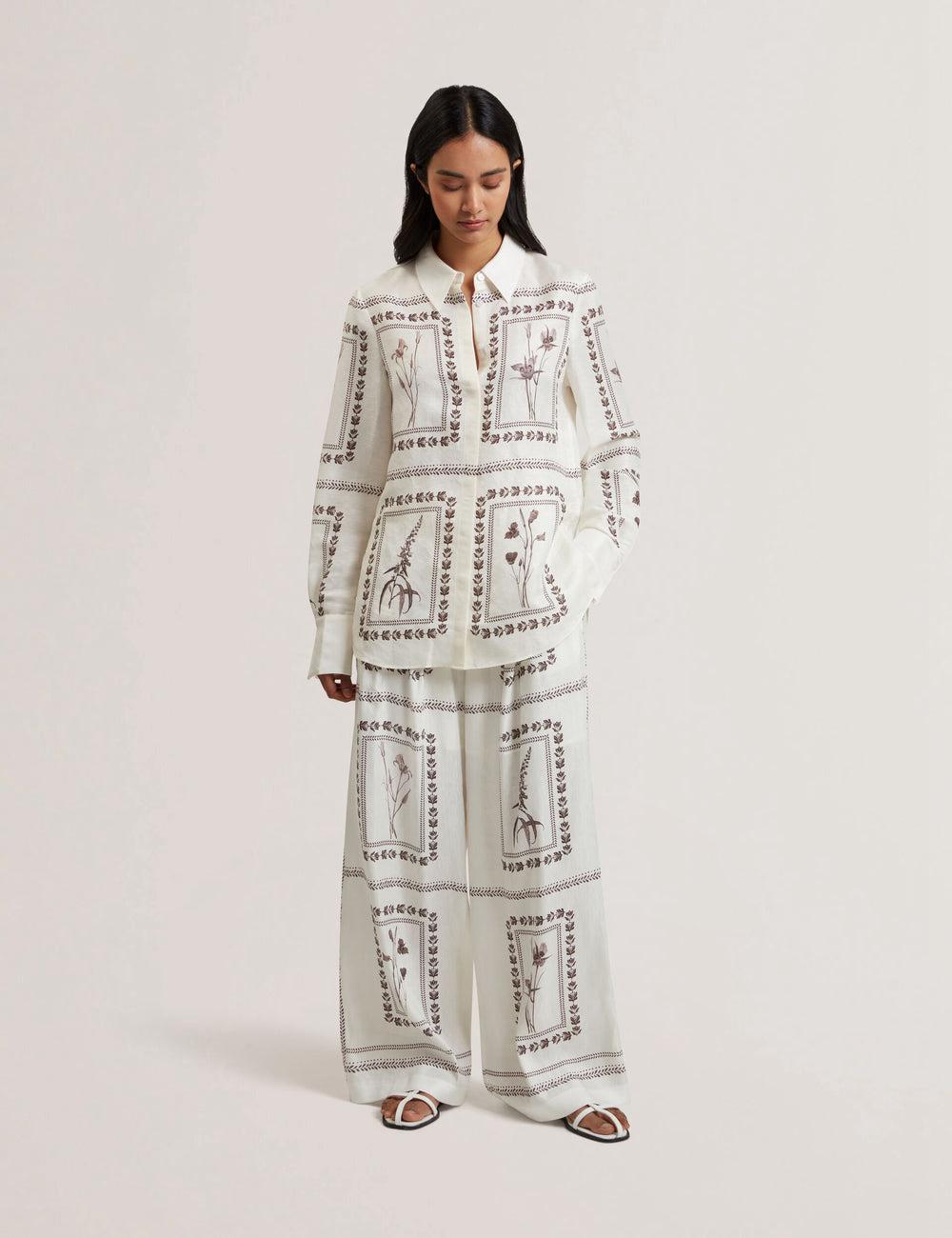 Women Ted Baker ORNITHA - Panel Print Silk Linen Wide Leg Trousers Ivory | India  OGDX-20671