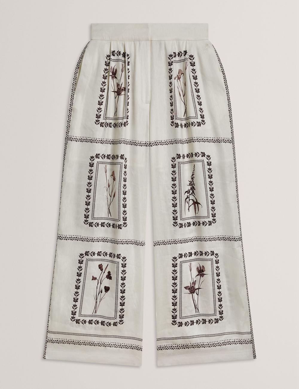 Women Ted Baker ORNITHA - Panel Print Silk Linen Wide Leg Trousers Ivory | India  OGDX-20671