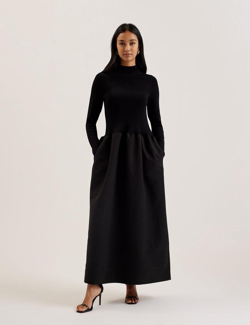 Women Ted Baker PYLIA - Structured With Knitted Bodice Maxi Dresses Black | India  MLJV-56801