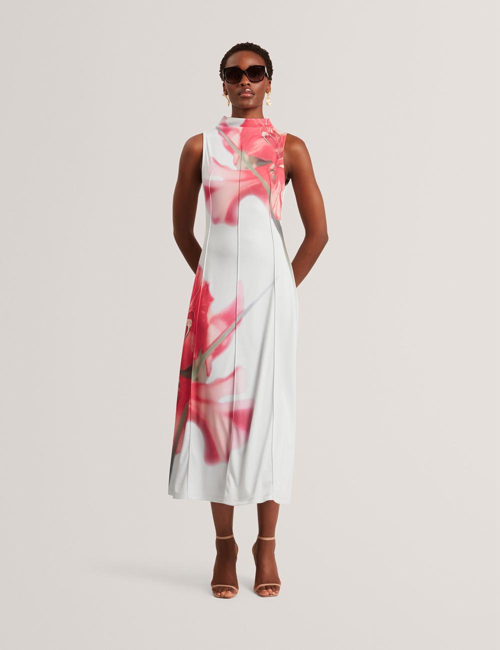 Women Ted Baker REBEHKA - High Neck Printed Jersey Midi Dresses Blue | India  AHDG-04931