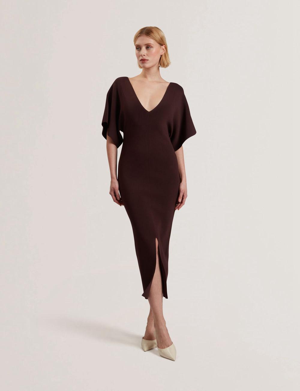 Women Ted Baker REBEXXA - Wide Sleeve Knitted Bodycon Midi Dresses Dk-Brown | India  SHNC-53694