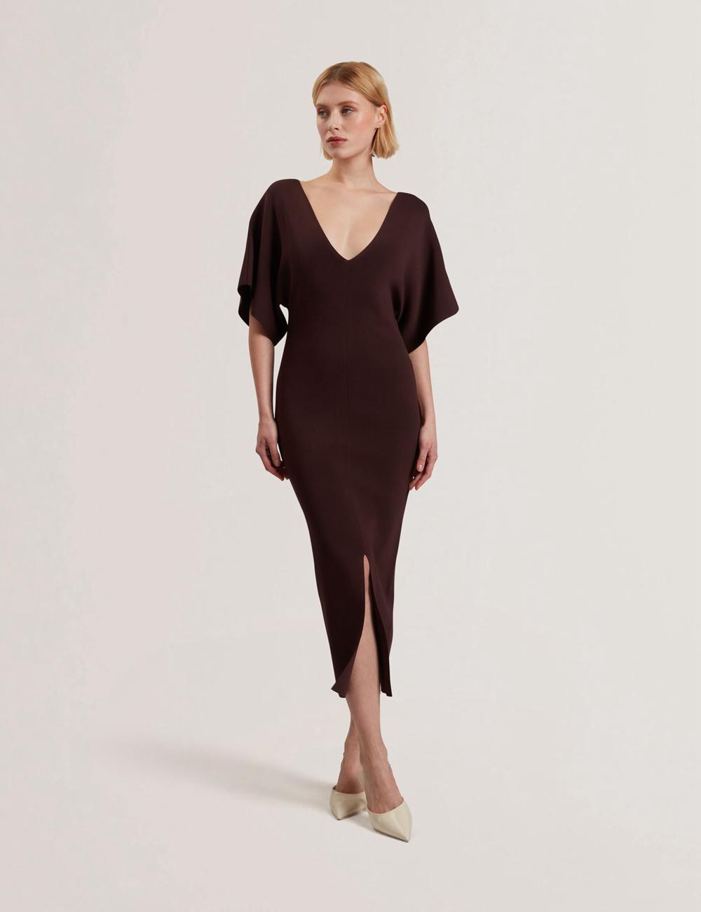 Women Ted Baker REBEXXA - Wide Sleeve Knitted Bodycon Midi Dresses Dk-Brown | India  SHNC-53694
