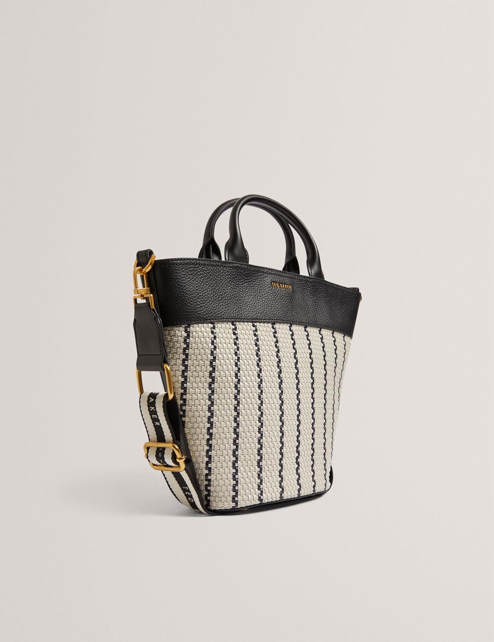 Women Ted Baker RIVERI - Woven Leather Trim Bucket With Webbing Strap Tote Bags Navy | India  HVZI-45827