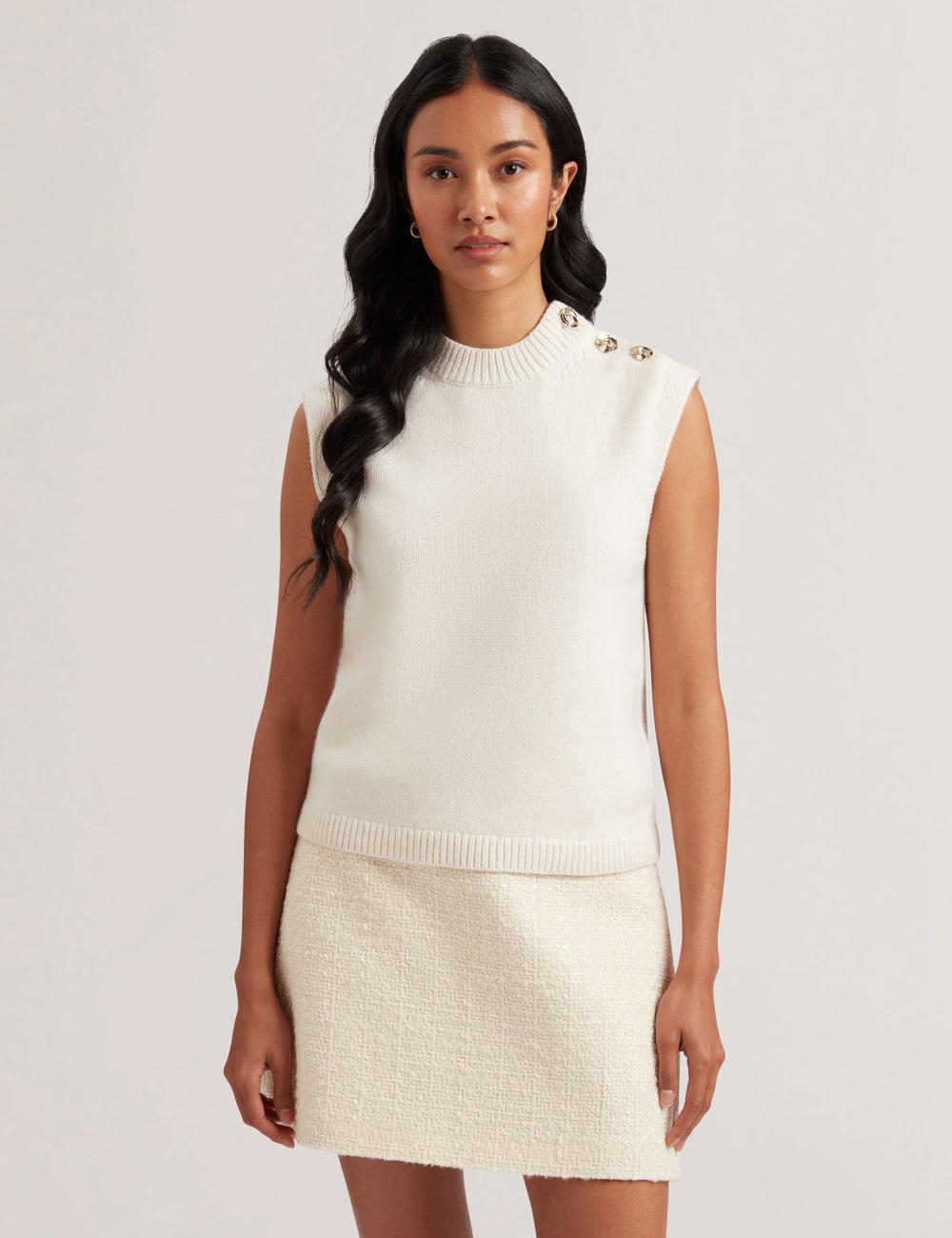 Women Ted Baker RONDHER - Rose Button Wool Knit Tank Tops Ivory | India  XJYD-95870