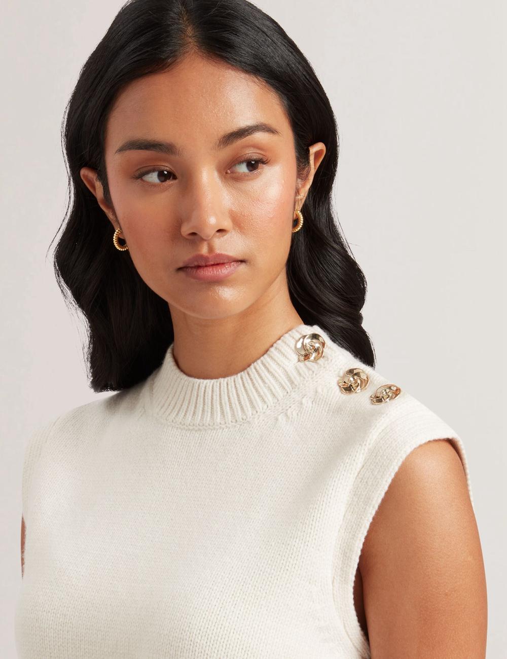 Women Ted Baker RONDHER - Rose Button Wool Knit Tank Tops Ivory | India  XJYD-95870