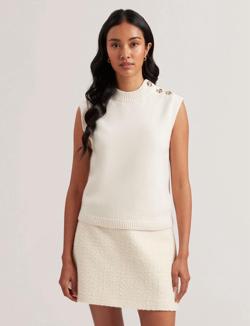 Women Ted Baker RONDHER - Rose Button Wool Knit Tank Tops Ivory | India  XJYD-95870