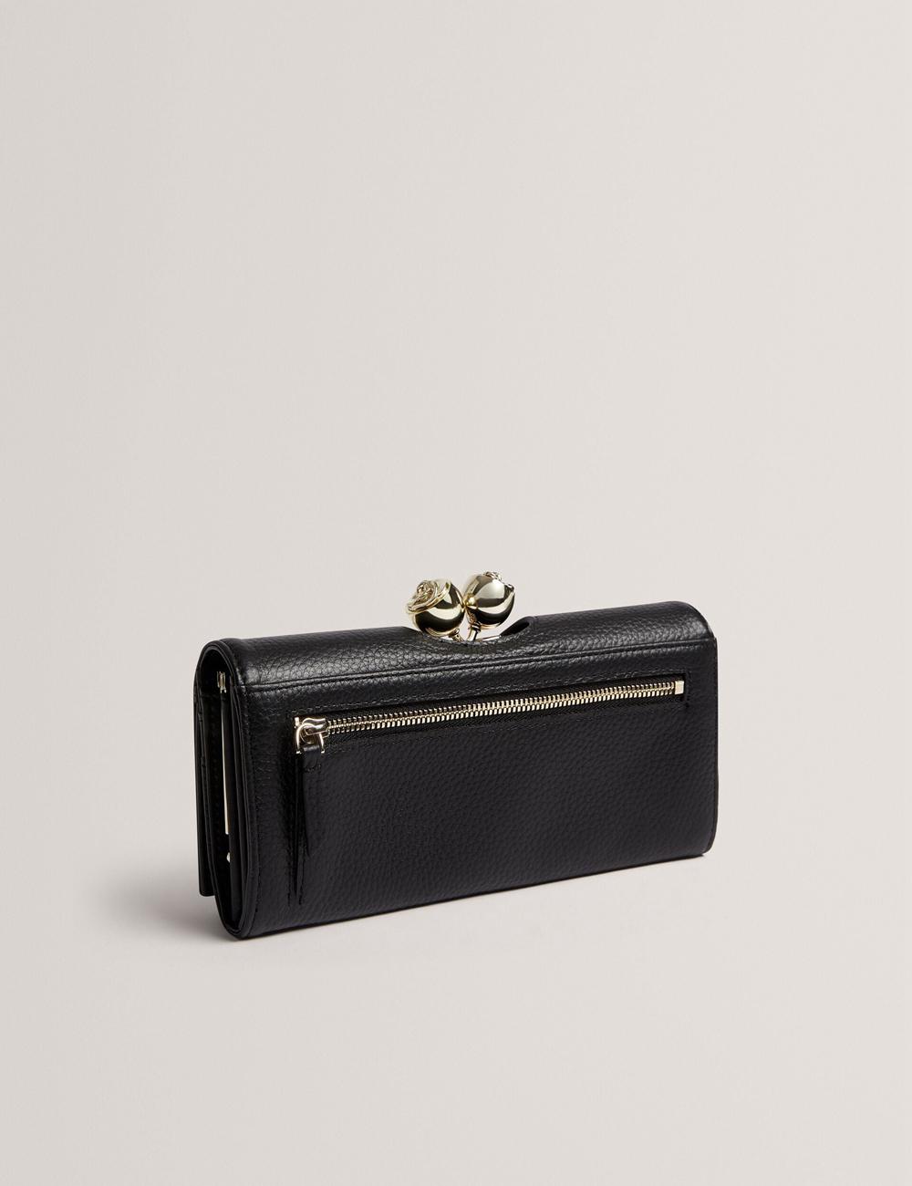 Women Ted Baker ROOSALI - Rose Clasp Large Bifold Leather Purses Black | India  CGUB-14932